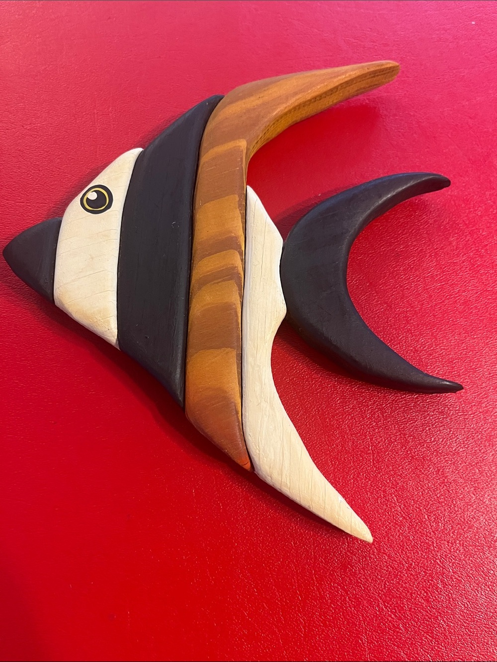 Handcrafted Wooden Fish Wall Decor - Black, White & Brown 7.25”x8”